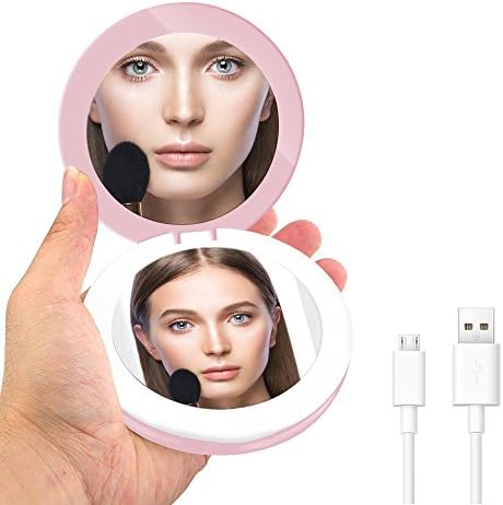 Portable Lighted Travel Makeup Mirror YALUYA Mini Compact Mobile Power Mirrors Handheld Folding Pocket Mirror with LED Lights 1x/3x Magnifying Mirrors for Beauty Cosmetic Camping (Pink Round)