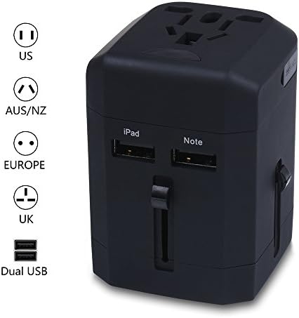 WOHOME® Portable Smart Phone Charger All in One Universal Worldwide Travel Plug Adapter (US/UK/EU/AU Plug) with Dual USB Charging Port, Built-in Safety Fuse Protection (NO Voltage Conversion) (Black)