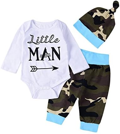Sleezy 3Pcs Newborn Baby Boys Little Man Arrow Romper Bodysuit Hats Camouflage Blue Pants Clothes Outfits (Tag 70/ 0-6 Months, White&amp;Camouflage)