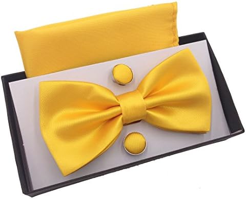 HYACINTH Men's Solid Pre-tied Bow Tie &amp; Handkerchief &amp; Cufflinks Set (Yellow)