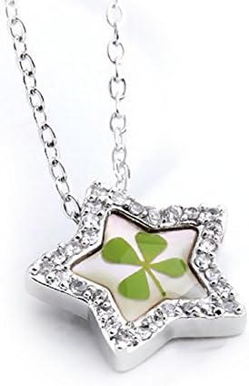 The Perfect Shining Lucky Star, Diamond Accent, Wish Comes True ! Genuine Four-leaf Lucky Clover Shamrock Crystal Amber Pendant Necklace