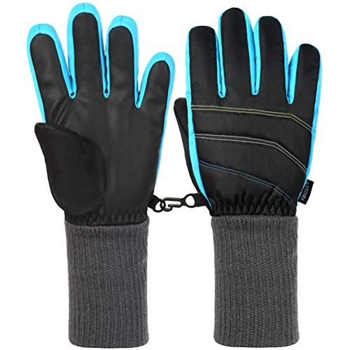 VBG VBIGER Boys Girls Winter Gloves Kids Ski Snow Snowboard Gloves Warm Cold Weather Sports Gloves for Children 6-12 Years Old (Medium, Black/Blue)