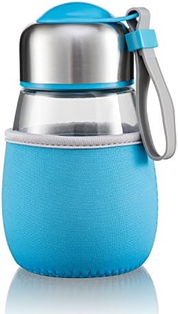 14oz Cute Penguin Borosilicate Lead-Free Glass+304 Stainless Steel Student Water Bottle (Green,Pink,Blue) (Blue)