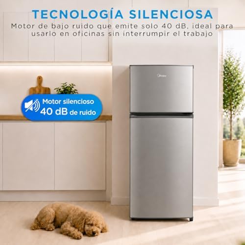 Frigorífico 2 puertas 140 cm alto x 55 cm ancho, Inox, Capacidad 204 L, Nevera Pequeña con Congelador Low Frost de Bajo Consumo, Puerta Reversible, Luz LED, Silencioso 40dB, Cajón de Frutas