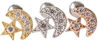 16g Body jewelry cartilage ear studs cute cool earring tragus helix barbell for women teens girls men CZ cubic zirconia crystal half sailor-moon crescent moon & star earring piercing-EZ