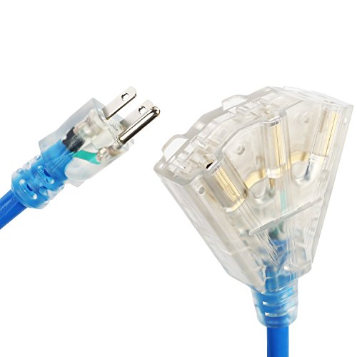 Miusco 50 ft 12 Gauge Heavy Duty Outdoor Extension Cord, 3 Prong, 12/3 SJTW, Triple Outlets, Lighted Plug, Fluorescent Blue