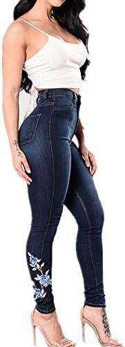 JIGAE Womens Vintage Flower Embroidered Ankle Grazer Skinny Slim Fit Denim Jeans