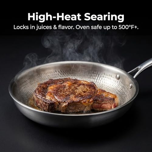Pexucalm Titanium Frying Pan with Lid, 12" Uncoated Hammered Skillet for Cooking, PFAS/PFOA/PTFE Free Nonstick Cookware, Scratch Resistant, for Induction & Gas, Oven, Dishwasher Safe