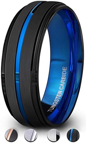 PINONLY Black Tungsten Carbide Ring for Men 8mm Wedding Band-Matte Finish-Blue Grooved-Rounded Smooth Interior Comfort Fit-Thick and Heavy