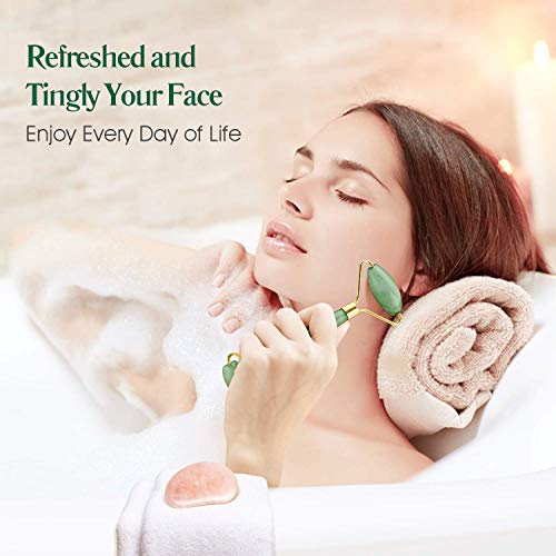 Jade Roller for Face- Real 100% Jade- Face Roller for Wrinkles, Anti Aging- Authentic, Durable, Natural, No Squeaks- Bonus Mask Brush
