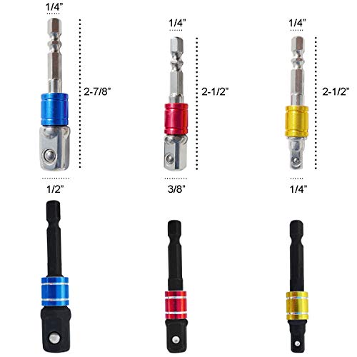 M-jump 6 PCS Impact Grade Socket Adapter/Extension Set Turns Power Drill Into High Speed Nut Driver,1/4-Inch Hex Shank to Drive for Adapters to Use with Drill Chucks, Sizes 1/4" 3/8" 1/2", Cr-V,