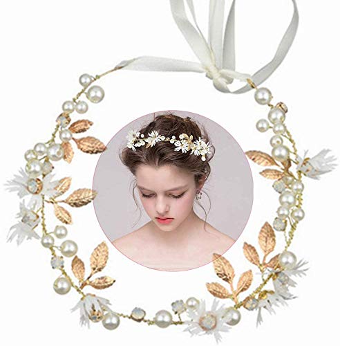 INTVN Bridal Headband, Floral Headband Bridal Flower Headband with Ribbon Crystal Pearl Flower Hair Vine Bohemian Tiara Gold Wedding Headpiece Bridesmaid Hair Accessories