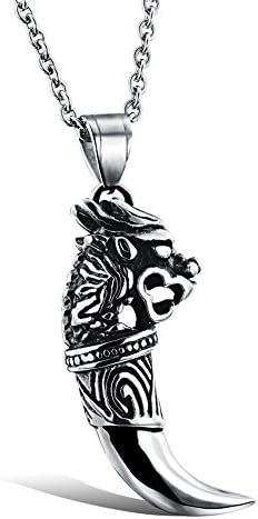 Men'S Titanium Stainless Steel Anti-Allergy Necklace Wolf Tusk/Dragon Head Pendant Color Fading Proof With 21 Inch Chain Color Black