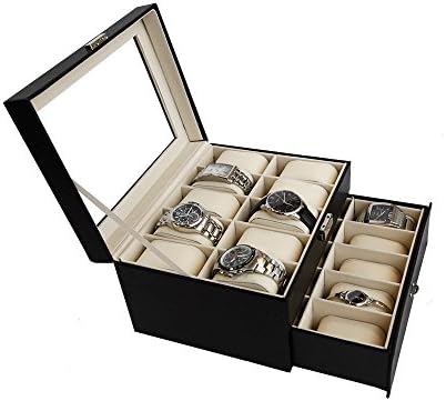 The Red P 20 Slot/Grid Men's Watch box, PU Leather Double-Layer Display Glass Top Box Display Organizer Drawer with Lock & Key (Black with Beige Interior)