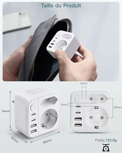 OUFUYU 6-in-1 Multiple Socket, Multi Socket with 2 USB A & USB C Ports, Wall Socket with Switch (4000W/16A), Dual Socket for Home/Office/Travel