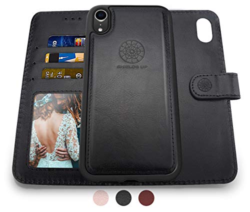 Shields Up iPhone XR Wallet Case, [Detachable] Magnetic Wallet Case, Durable and Slim, Lightweight with Card/Cash Slots, Wrist Strap, [Vegan Leather] Cover for Apple iPhone XR Case -Black