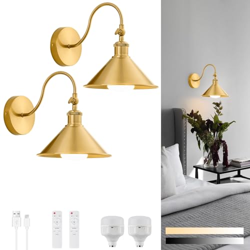 Photo 1 of Pillctvel Wireless Battery Operated Wall Sconce, Gold Industrial Wall Lights Decor Set of 2, Vintage Rechargeable Magnetic Cordless Wall Lamp Fixture with Remote for Farmhouse Bedroom Living Room
