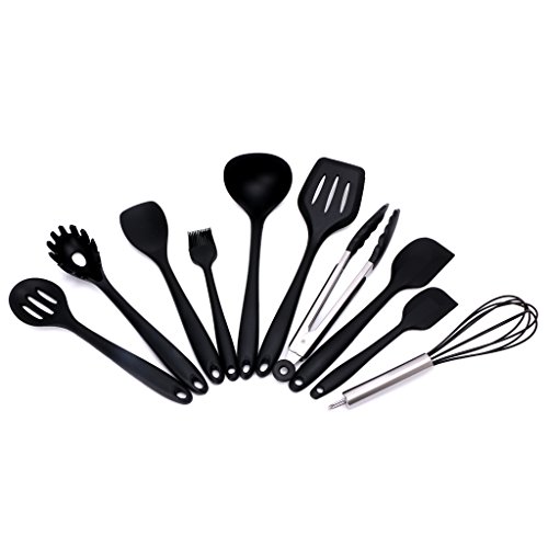 10Pcs Heat Resitant Non-stick Silicone Kitchen Utensils Set Cooking Bake Tool (Black)