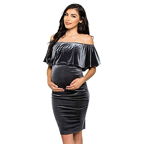Off Shoulder Maternity Dress Knee Length Pregnancy Party Baby Shower Bodycon Dress Ruffles Velvet Dress Gray