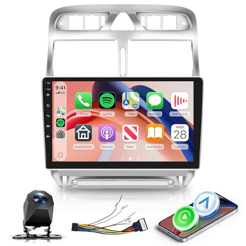 Hodozzy Car Radio for Peugeot 307 2002-2013 with Wireless CarPlay Android Auto, 9 Inch Touchsreen with Bluetooth/RDS Radio/SWC/GPS/YouTube/USB/V-Link/+Reversing Camera