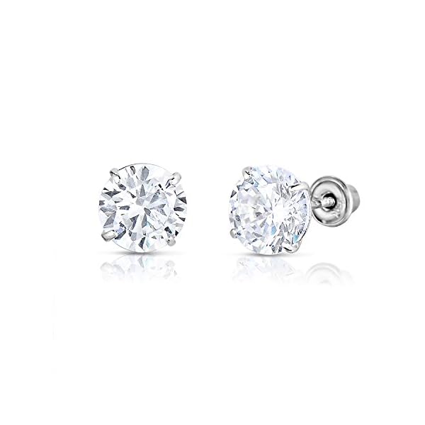 14k White Gold Solitaire Round Cubic Zirconia CZ Stud Earrings in Secure Screw-backs