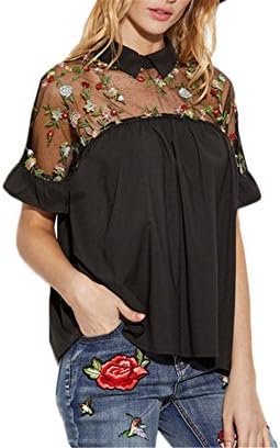 WENGUO Soft Flower Embroidered Cuff Tie Back Top Woman Short Sleeve Blouse