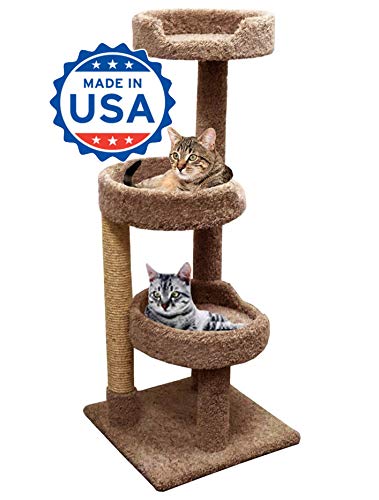 CozyCatFurniture 50 inches Cat Tree for Big Cats, Made in USA with Solid Wood Poles, Sisal Rope and Large Beds, Brown Carpet