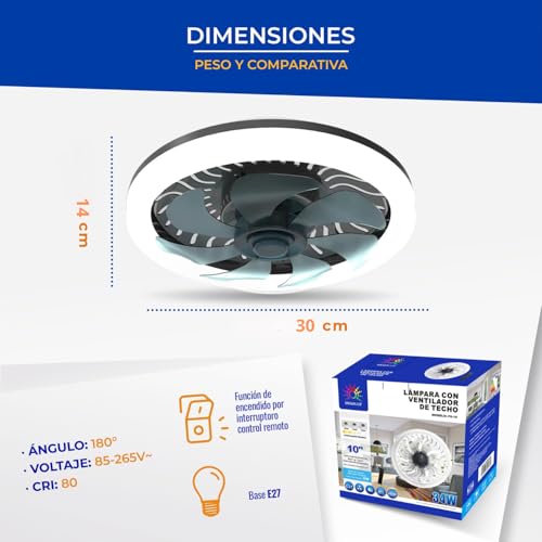Megaluz LV34W03 ventilador de techo con lampara led 34w, enchufe E27, 10 pulgadas, luz blanca fría, aspas externas, motor silencioso (Control por apagador).