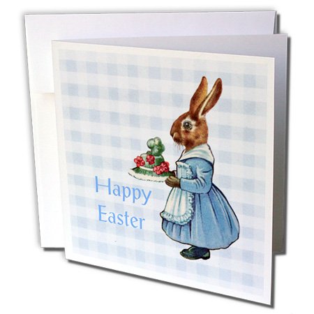 3dRose Image Of Happy Easter with Vintage Bunny On Blue Plaid - Greeting Cards, 6