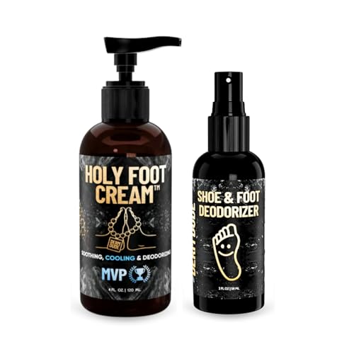 Derm Dude Foot Rescue Bundle | MVP Holy Foot Cream 4oz + Mint Scent Foot & Shoe Deodorizer Spray 2oz | Moisturizer for Dry Cracked Feet & Odor Control Spray with DeoPlex, Aloe, Tea Tree