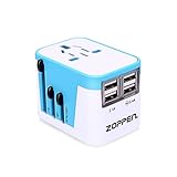 Zoppen International Travel Adapter 4 USB Charging Port Smart Wall Charger, All-in-one Universal Plug (US/JP UK EU AU/CN) w/ Worldwide Outlets & AC Socket - Surge Protector, Blue / White