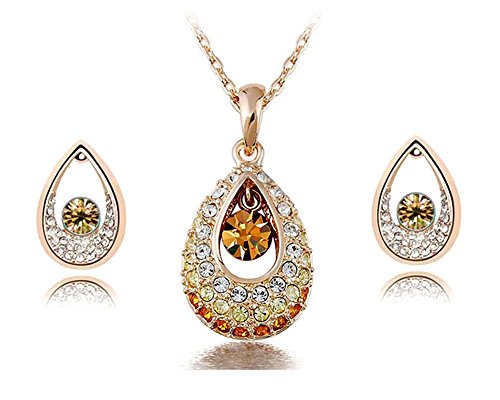 KATGI Fashion Crystal Angel Teardrop Necklace & Earrings (Set of 2) (Yellow)