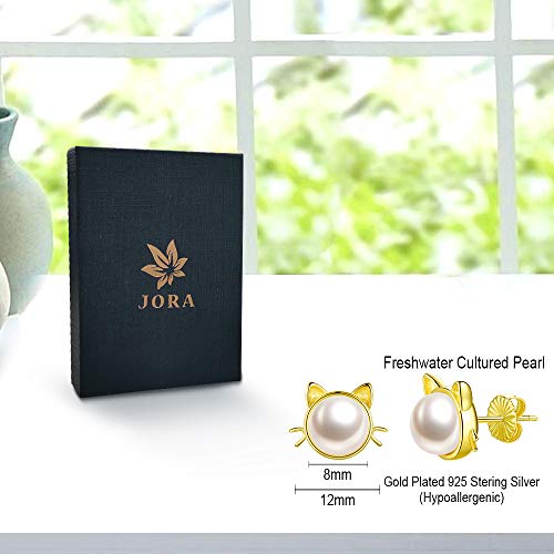Cat Stud Earrings for Women Girls 8mm Freshwater Pearl Stud Earrings 18K Gold Plated 925 Sterling Silver Ear Studs for Cat Lovers
