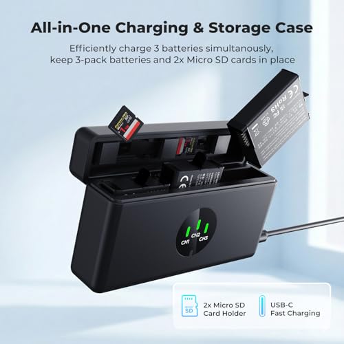 K&F Concept 3-Pack Action 6 Battery with Upgraded OSMO Action 5 Pro Battery Charger Compatible with DJI OSMO Action 6, Action 5 Pro, Action 4, Action 3, OSMO 360 Cameras