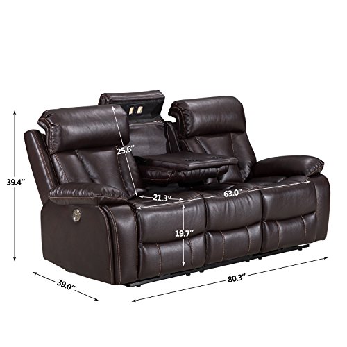 Power Recliner Sofa With USB Charging Port/LED Reading Light,/Cup Holder, Tufted leather Home