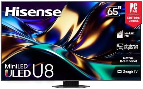 Hisense 65" U8 Series ULED Mini-LED 4K UHD Smart Google TV (65U8QG) - QLED, Native 165Hz, VRR 288, Up to LD5600, 5000 Nits, HDR10+, Dolby Vision IQ · Atmos, IMAX Enhanced, 4.1.2 Ch Audio