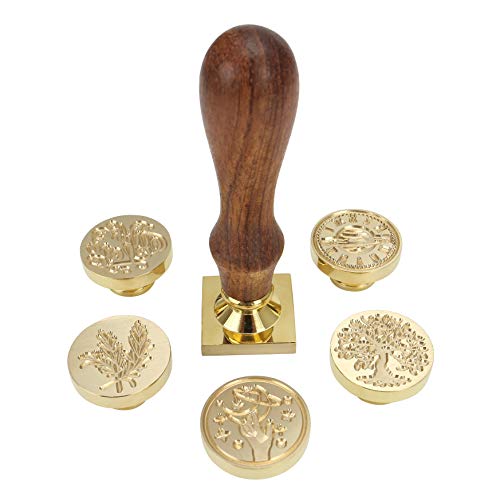 Wax Seal Stamp Set, Mornajina Botanical and Moon Series Sealing Stamp, 6PCS Vintage Brass Stamp Heads + 1Pcs Wooden Handle Kit for Wedding Invitation