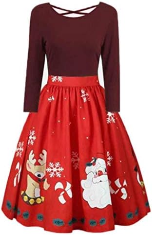 Tsmile Womens Dress Plus Size Christmas Print Criss Cross Party Dress Fashion Long Sleeve Round Collar Casual Dress