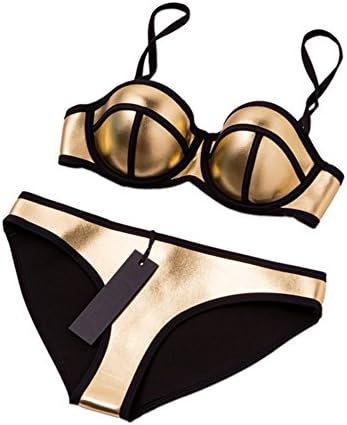 MUXILOVE Gold Silver Women Real Neoprene Padded Top&amp;Bottom bikini set swimsuit swimwear bathing suit Champagne Small
