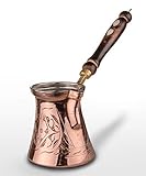 MisterCopper Thickest Premier Engraved Solid Copper Turkish Greek Arabic Coffee Pot Cezve Ibrik Briki with Wooden Handle, Thick 1 mm (Large - 11 Oz)