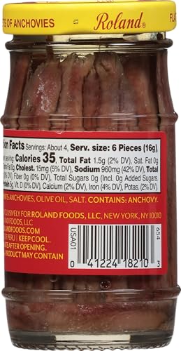 ROLAND FOODS FLAT FILLETS OF ANCHOVIES IN OLIVE OIL, SPECIALTY IMPORTED FOOD, 4.23 OUNCE JAR, PACK OF 6