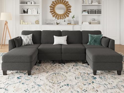 Modular Sectional Sofa, 6 Seaters Modular Sleeper Sofa Couch, Comfy Sectionals Couches Bed, Convertible Sofas with Ottomans, Sectional Couches for Living Room (Darkgray, U1)
