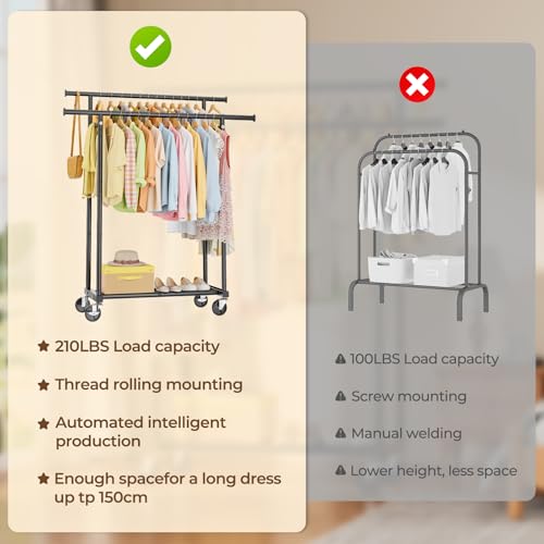 HYSEYY Double Rod Clothes Rail, Rolling Clothes Rack, Metal Clothing Rail with Lockable Wheels & Storage Shelf, Clothing Rack for bedroom, Laundry, Living Room - 160H x 113W x 42D cm, Black