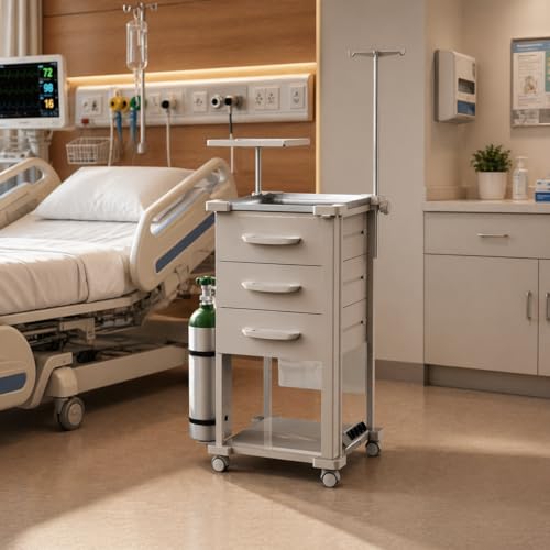 Carrinho de Parada Hospitalar de Emergência Utilitário Auxiliar 3 Gavetas - Tampo Inox com Rodinhas - Com Equipamentos | Clínicas, Hospitais e UTI - MAD.U