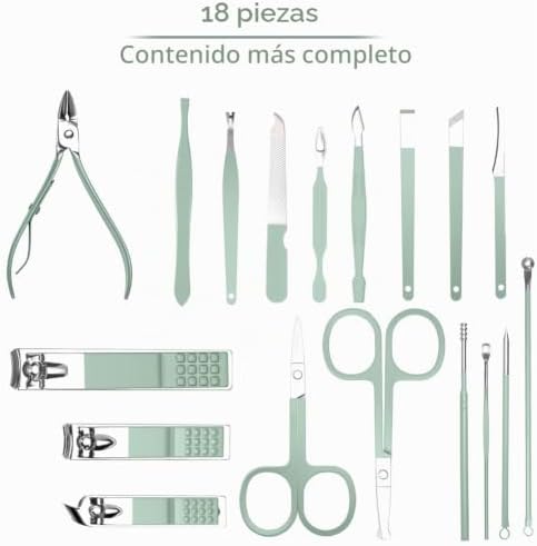 Manicura Pedicura Set, 18 Piezas Cortaúñas, Tijeras de Uñas con Herramientas Remover Cutícula, Acero Inoxidable, Profesional Cortaúñas para Viajes y hogar, con Caja de Cuero, Verde