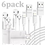 6Pack Bundle inc. 2pc 3FT Lightning Charging Sync Cable certified cord fits apple iPhone + 2pc USB Wall AC cube Charger Adapter brick + 2pc Headphones Earbuds with Mic 3.5 Earphones Headset by ESTE