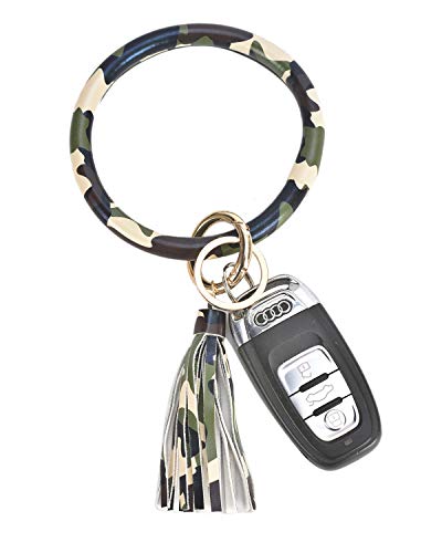 Coolcos Camo Keychain Bracelets Wristlet Bangle Keyring - Large Circle Leather Tassel Bracelet Holder For Women Gift (Camo)
