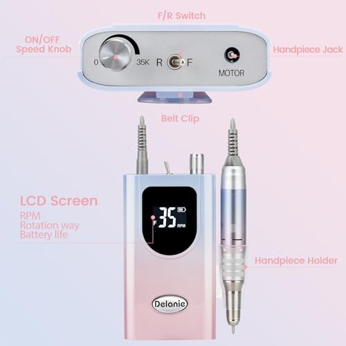 Delanie Professional Nail Drill High Torque 35000 RPM Rechargeable Portable Electric Nail File for Acrylic & Gel, High Speed, Low Heat, Low Vibration, Gradient