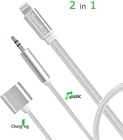iPhone 8/ 8 Plus Aux and Charger Adapter, Sunskey Lightning to 3.5mm Audio Cord with Extension Lightning Charging Cable for iPhone X / 7 / 7 Plus to Home / Car Stereos Support iOS 11 ( Silver, 1M)