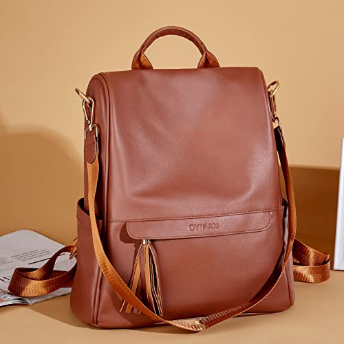 Oyifan Backpack Purse for Women Leather Large Fashion Travel Backpack Ladies Anti-theft Designer Shoulder bags with Tassel Brown